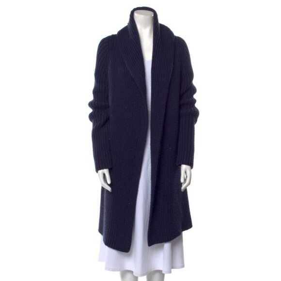 K/F KaufmanFranco Navy Blue Open Front Knit Chunky Shawl Cardigan Sweater Size S - Picture 5 of 7